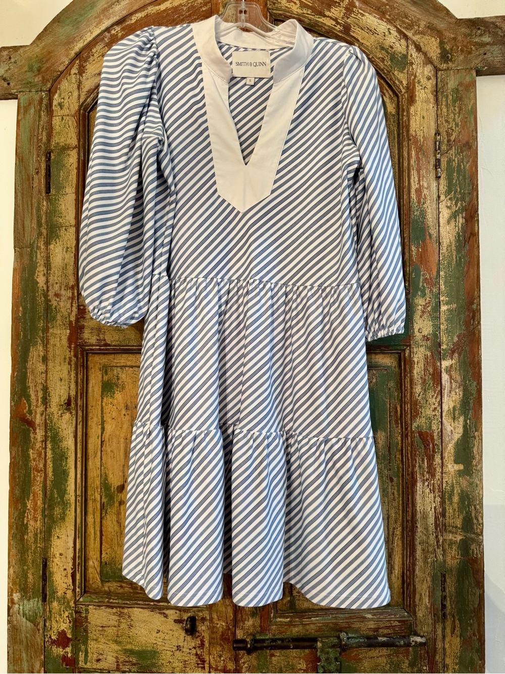 Smith & Quinn Blue and White Striped V-Neck Tiered Mini Dress